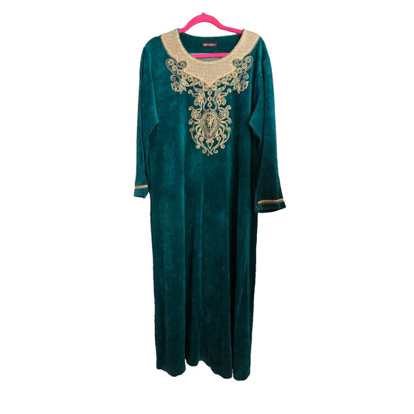 Turkish 100% Cotton VELVET Robe Dress KAFTAN Emerald Green Metallic Gold Emb XXL - Picture 2 of 6